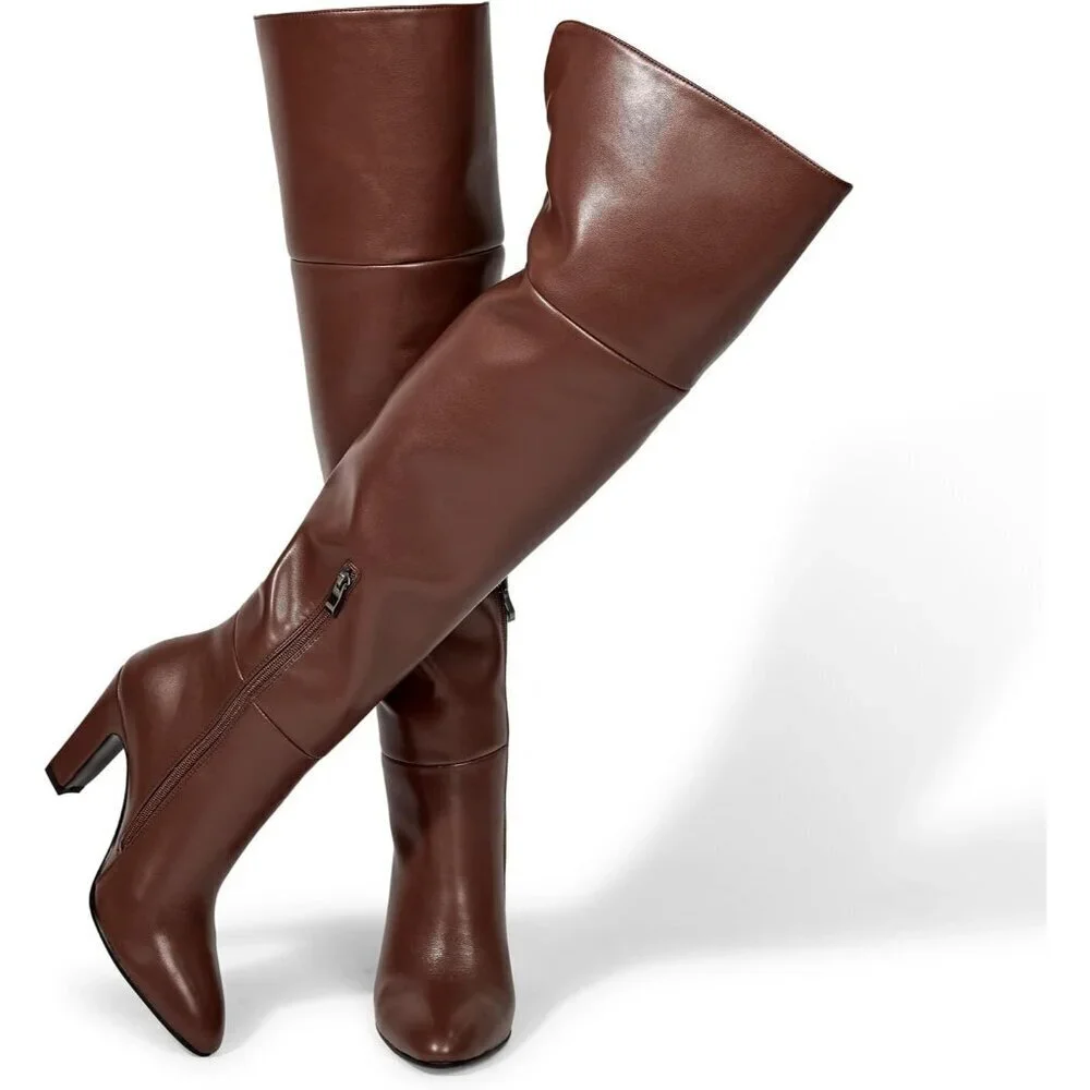 Women Lighter Brown Faux Leather Side Zipper Thigh High Over the Knee Boot